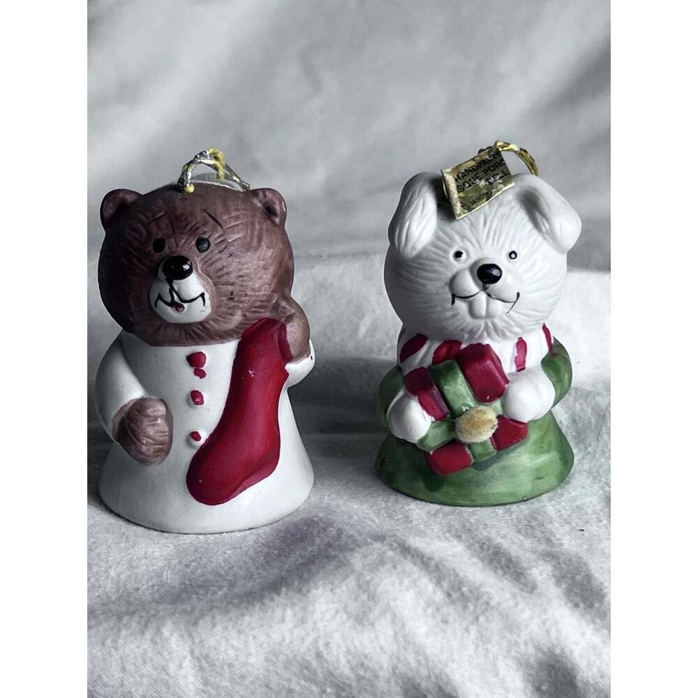 2ct Vtg  Jasco  Lil Chimers Mouse/Bear Christmas Ornaments Bells Hand Painted